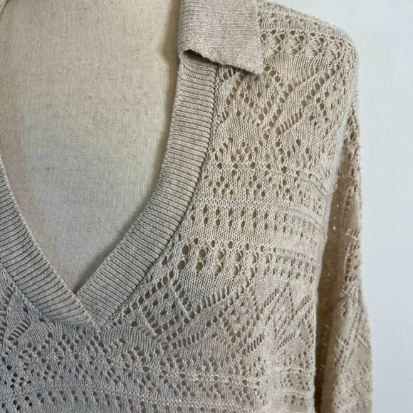LOFT Off White Ivory V-Neck Collared Sweater Size Large Cotton Relaxed Fit - Picture 5 of 8
